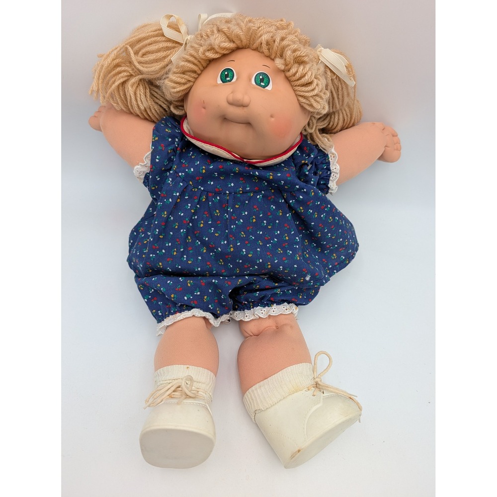 Cabbage Patch Kids Doll Blue Floral Dress Blonde Pigtails Green Eyes 1982 Coleco